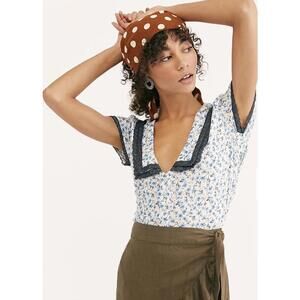 Free People Ana lace floral print blouse in ivory with a blue floral, Medium